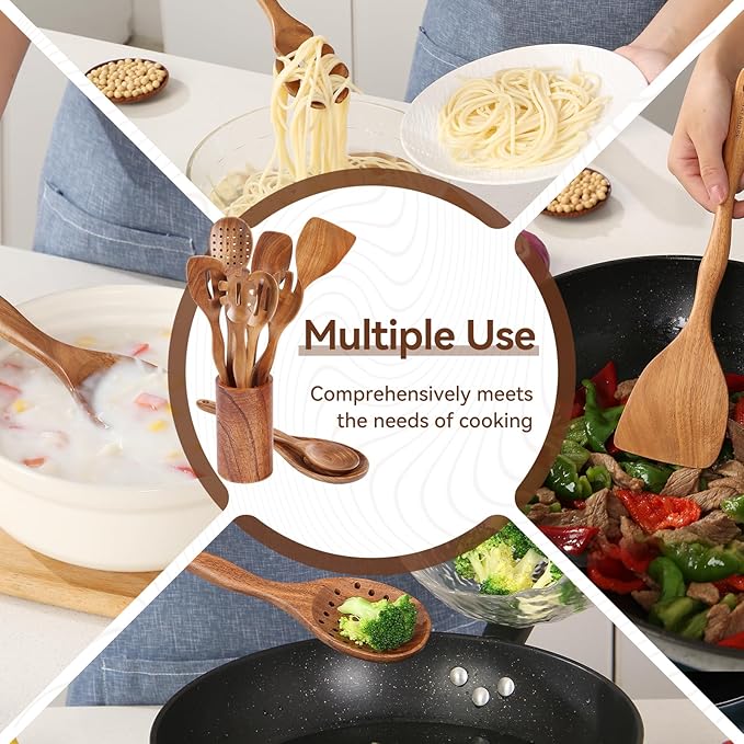 Wooden Spoons for Cooking with Holder,10Pcs Wooden Kitchen Utensil Set Non stick, Non Scratch Natural Teak Wooden Utensils for Cooking
