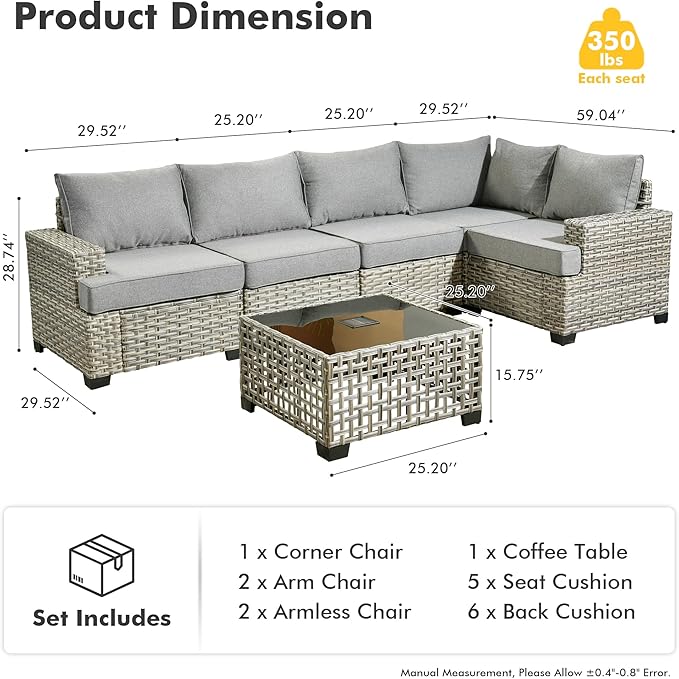 HOOOWOOO Outdoor Sectional Patio Furniture Set,6 Pieces Wicker Conversation Sets L Shaped Couch,Extra Deep Out Door Sofa Outside Furniture,Charcoal Grey