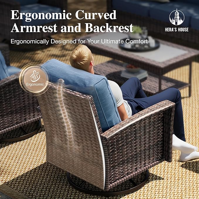 Luxury Patio Furniture Set with 5.5" Thick Cushion, Outdoor Seating Furniture, High Back Swivel Chairs with Tempered Glass Table, Wicker Conversation Sofa Set for Deck Lawn Deck Yard, Blue