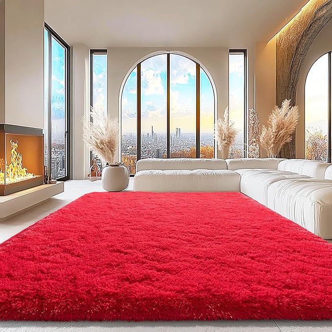 9x12 Area Rugs for Living Room, Red Fluffy Shaggy Rug Soft Carpets, Big Rugs for Bedroom Nursery Kids Room Dorm Home Decor Aesthetic