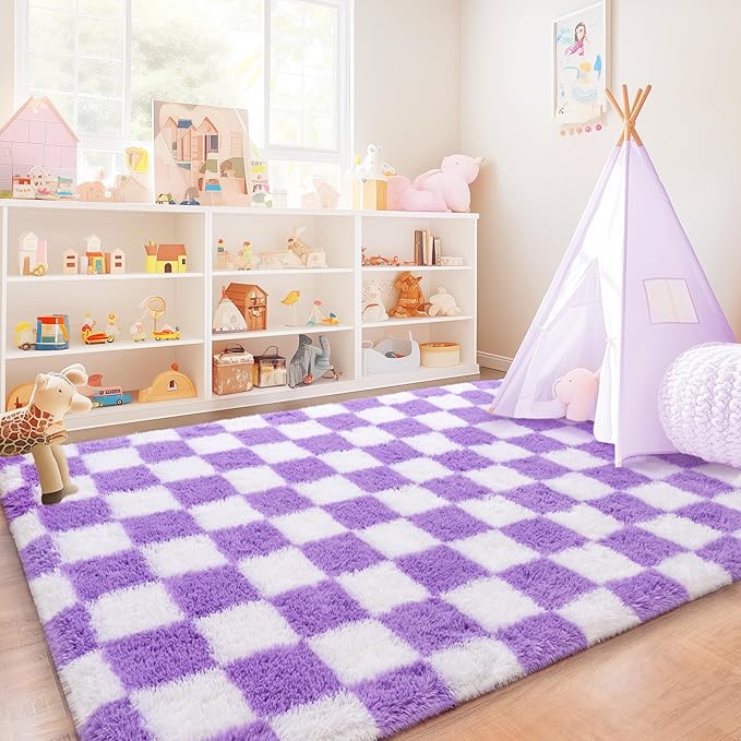 Checkered Rug for Living Room 6x9, Ultra Fluffy Fuzzy Shag Large Area Rug for Bedroom, Modern Plush Soft Upgrade Non-Slip Carpet for Kids Girls and Boys Room Dorm Home Decor, White and Purple