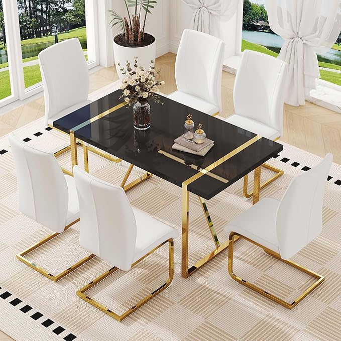 Black Dining Table Set for 6, 55" Dinner Table Set for 6, 1.5" Black Glossy Wood Tabletop with Gold Metal Legs, Modern Kitchen Table Set with 6 Bow-legged Faux Leather Chairs for Dining, Small Space