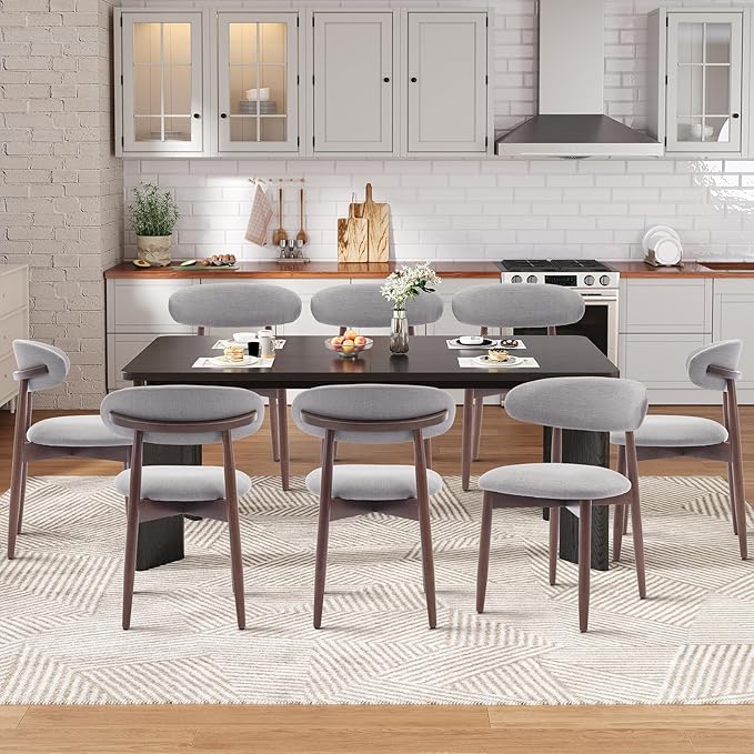 7-Piece Rectangular Dining Table Set for 6, 63" Industrial Kitchen Table with 6 Wooden Upholstered Dinner Chairs for Dining Room, Kitchen, Living Room, Black+Light Gray