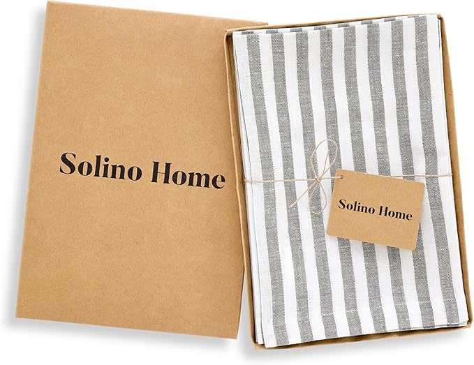 Solino Home Linen Napkins Set of 4-100% Pure Linen Amalfi Stripe Grey and White Cloth Dinner Napkins 20 x 20 Inch for Fall, Autumn - Handcrafted and Machine Washable