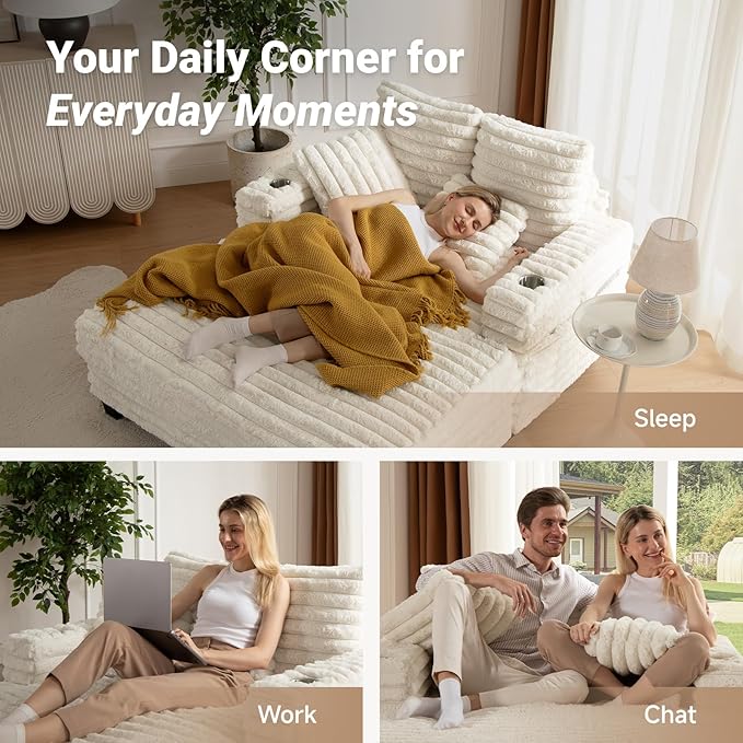 Chaise Lounge Chair Indoor, Amsleekey 64" Oversized Sleeper Chair with Wood Frame, Upholstered Sofa Bed for Living Room, Movie Room, Bedroom with 4 Storage Pockets&2 Cup Holders(Plush Corduroy, Beige)