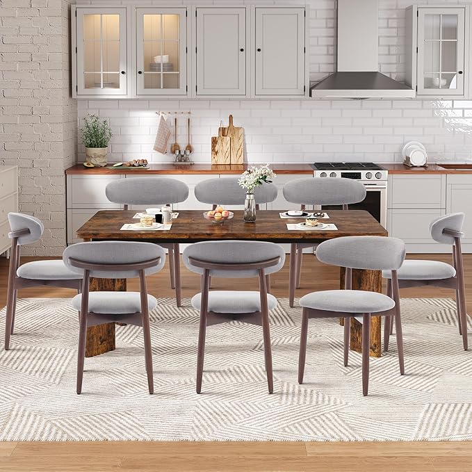7-Piece Rectangular Dining Table Set for 6, 63" Industrial Kitchen Table with 6 Wooden Upholstered Dinner Chairs for Dining Room, Kitchen, Living Room, Brown+Light Gray