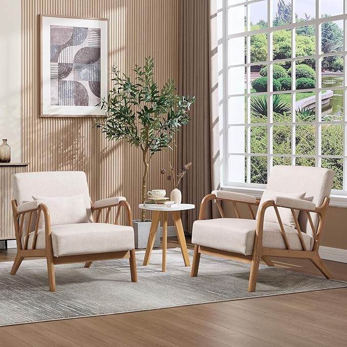 ANJ Mid Century Modern Accent Chair,Living Room Chairs with Wood Frame &Lumbar Pillow, Upholstered Reading Armchair for Bedroom