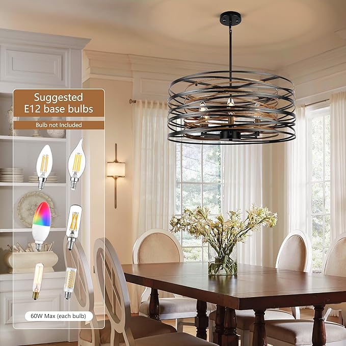 6-Light Dining Room Chandeliers Farmhouse,23.6" Large Black Farmhouse Chandelier,Wood Grain and Vintage Black Dining Room Light Fixture for Kitchen Entryway Living Room