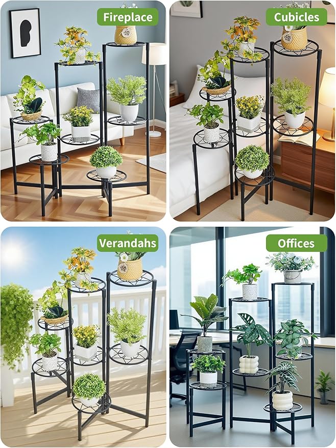 7 Tier Plant Stand Indoor Foldable Corner Tall Plant Shelf for Multiple Plants Flower Pot Holder Display Stand for Living Room Balcony Garden Patio Black