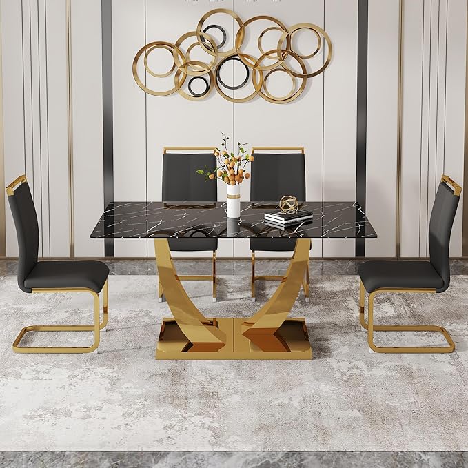 63” Dining Table Set for 4,Modern Gold Dining Room Table Set for 4, Faux Marble Kitchen Table Set with PU Leather Chairs,Black Dinner Table Set with Tempered Glass Top and Gold Base