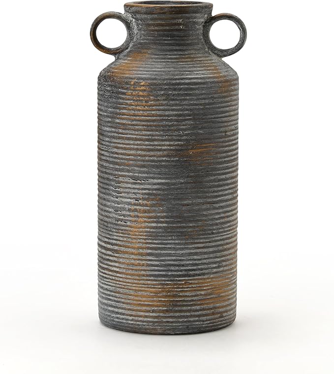 Ceramic Rustic Vase with 2 Round Handles, Antique Farmhouse Flower Vase, Vintage Terracotta Vases for Home Decor, Wedding, Living Room, Table, Shelf Decor - 10.2 Inch Tall, Black Bronze