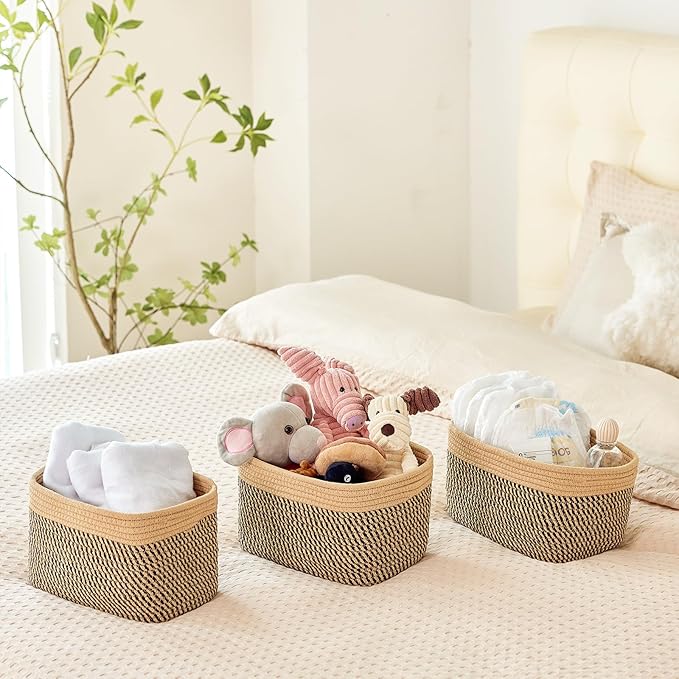 Small Cotton Rope Basket – Storage Bin for Organizing (10.6" x 6.7" x 6.7"), Bathroom Storage Basket for Shelf, Counter & Closet(Camel & Mixed Black)