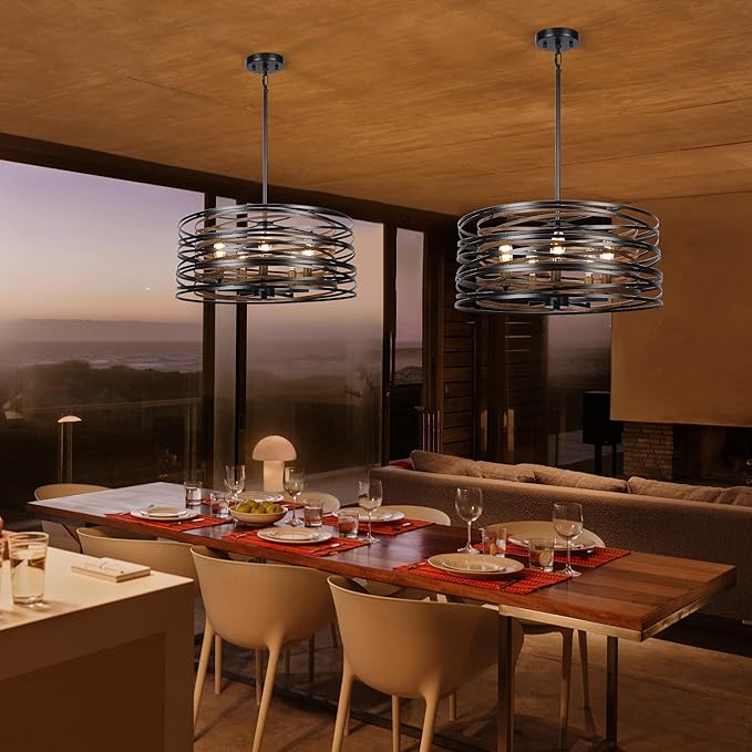 5-Light Drum Chandelier for Dining Room,19.7" Rustic Farmhouse Dining Room Light Fixture,Wood Grain and Vintage Black Metal Chandeliers for Kitchen Entryway Living Room