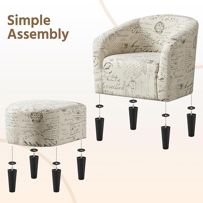 Yaheetech Accent Chair with Foot Rest, Mid Century Modern Upholstered Soft Barrel Chair, Comfy Fabric Armchair and Footrest Set for Living Room/Bedroom/Reading Room, Set of 2 Letter Print