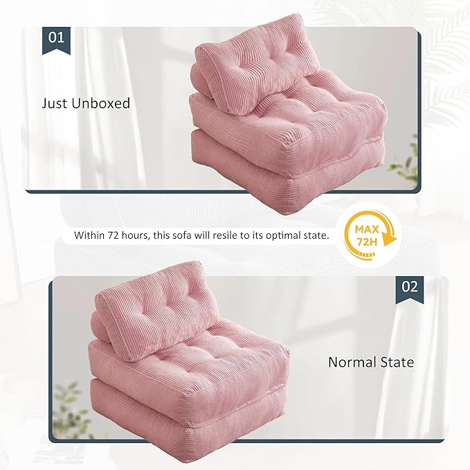 Folding Chair Bed, Futon Sofa Bed, Floor Couch for Adults Chair for Living Room, Lounge Sofa, Convertible Sofa Bed, Small Couches for Small Spaces, Pink