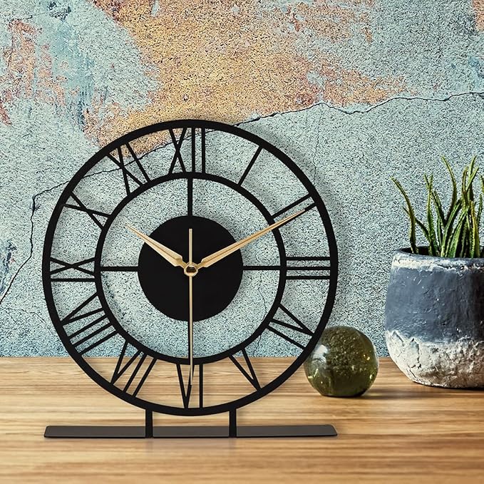 8.9x9.5 Metal Desk Clock, Black Round Silent Non-Ticking Analog Table Clock, Battery Operated, Decorative Desk and Shelf Clock, Desk Clocks for Living Room Bedroom Kitchen Office School