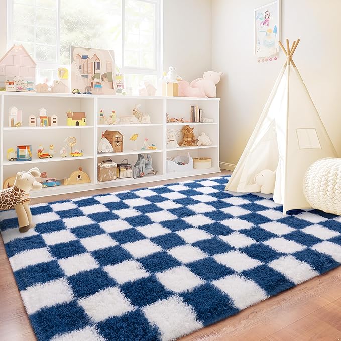 Checkered Rugs for Bedroom, 4x6 Navy and White Ultra Fluffy Fuzzy Shag Area Rug for Living Room, Modern Plush Soft Upgrade Non-Slip Carpet for Kids Girls and Boys Room Dorm Nursery Home Decor