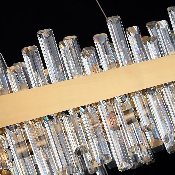 Rectangle Crystal Chandeliers, L43.4 inch 20-Light Brass Gold Chandelier Lighting Fixture, Height Adjustable Oval Pendant Ceiling Light for Dining Room Over Table Kitchen Island