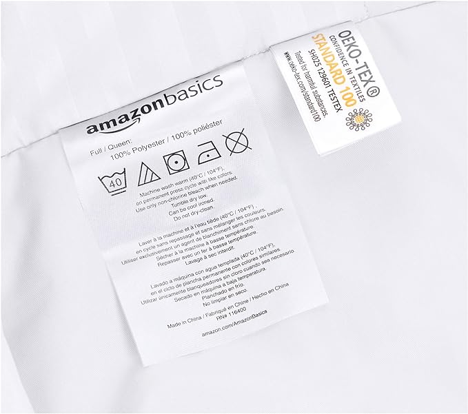 Amazon Basics Brushed Microfiber 3 Piece Duvet Cover Set, Full/Queen, Bright White, Striped