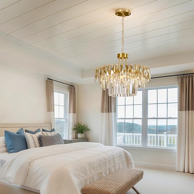 Modern Gold Round Crystal Chandelier - 19.7'' Luxury K9 Crystals Chandeliers for Dining room,3 Tier Raindrop Chandelier for Living room,Contemporary Light Fixture for Bedroom Foyer Entryway Kitchen