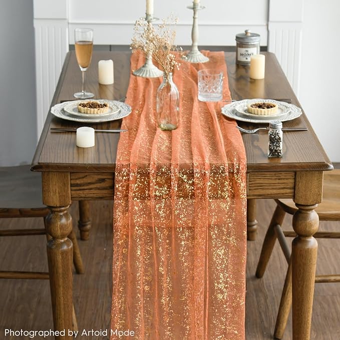 Artoid Mode 6PCS Orange Gold Gauze Table Runner 120 Inch 10FT, Glitter Metallic Foil Sheer Dining Wedding Anniversary Holiday Table Decor for Home Party