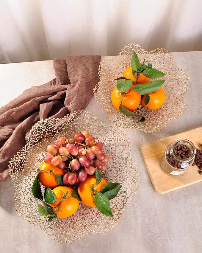 IBWell Decorative Dish for Home Decor and Centerpieces - Gold Vegetable Fruit Bowl Basket(Large) for Kitchen Counter, Table Centerpieces for Dining Room and Living Room Decor (Gold, Large)
