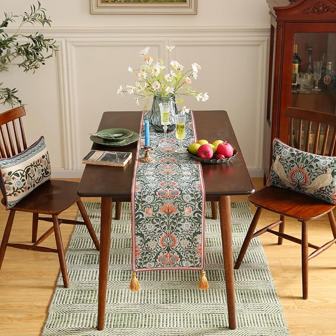 Designer French Green Elegant Linen Table Runner 71 Inches Long,Colorful Flower Pattern Soft Table Runners for Dining Tables,Thanksgiving,Kitchen Tables,Christmas,12"*71"-Naples B
