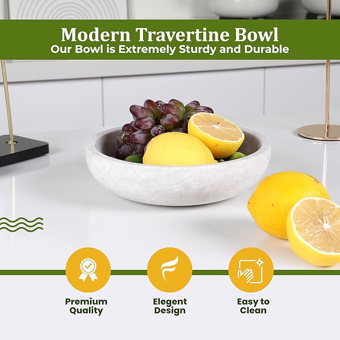 Travertine Decorative Bowl - 7.8” Diameter & 2” Height - Key Bowl for Entryway Table - Organic Modern Centerpiece - White/Gray