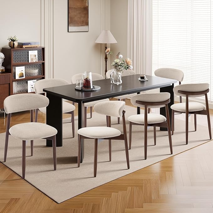 7-Piece Rectangular Dining Table Set for 6, 63" Industrial Kitchen Table with 6 Wooden Upholstered Dinner Chairs for Dining Room, Kitchen, Living Room, Black+Beige