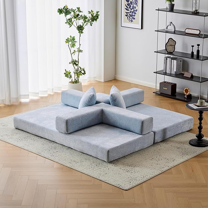 Convertible Folding Mattress Couch, Floor Sofa Bed with Fixed-Shape Frame, Corduroy Floor Sofa with Armrest, Floor Sofa Lounge Couch for Living Room Bedroom Lounge Studio-Light Sky Blue