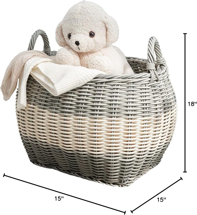 Zita Oval Resin Woven Wicker Multi-Use Storage Basket with Handles (18" x 15" x 11.4" - White-Gray) - Perfect for Halloween, Thanksgiving, and Versatile Home Organization