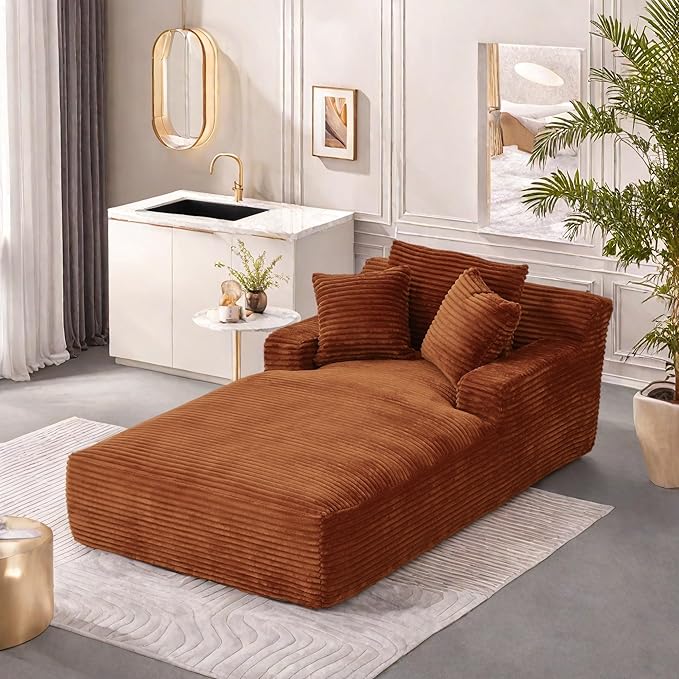 78.7” Chaise Lounge Chair Indoor, Corduroy Upholstered Boneless Sofa Bed with Throw Pillows, Comfy Lounge Sleeper Sofa with Deap Seat for Living Room Bedroom, No Assembly Required, Orange