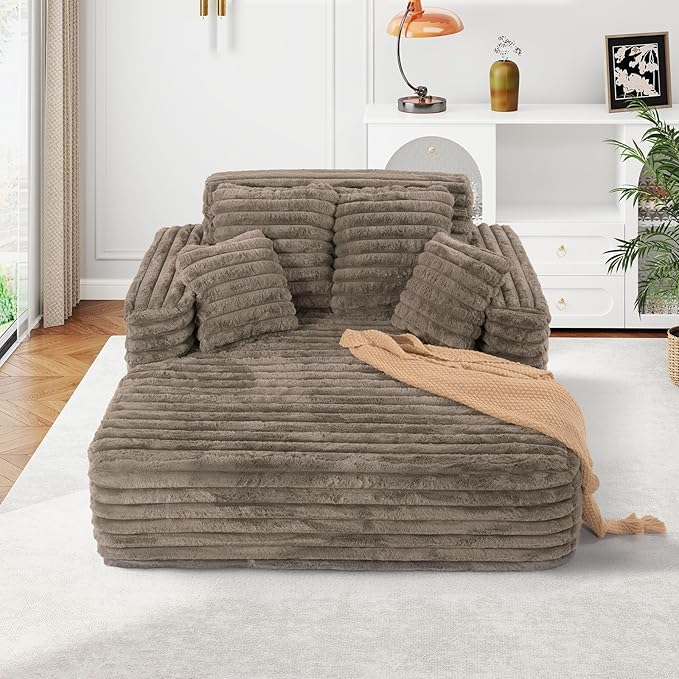 56"W Oversized Chaise Lounge Chair Indoor,Plush Faux Fur Sleeper Sofa Couch Bed with Pillows&Wide Armrest,Fluffy Comfy Cloud Sofa,Compression Foam Boneless Couch for Living Room,Bedroom(Brown)