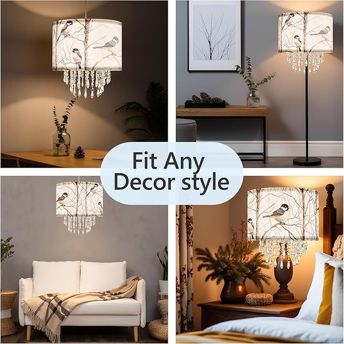 Star Vision Bird & Tree Drum Fabric Lampshade with Acrylic Beaded Droplets, Natural Botanical Light Shade for Pendant Table Wall & Floor Lamps, Garden-Themed Bedroom Living Room Entryway Décor