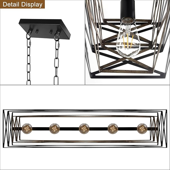 33.5''Farmhouse Dining Room Light Fixture,5-Light Kitchen Island Lighting,Industrial Chandelier for Dining Room Over Table Kitchen,Large Linear Chandelier with Retro Wood Texture Interior