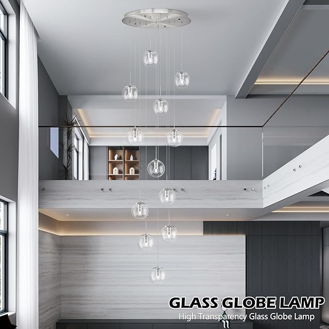 KoKo&Yukina 12-Light Nickel Mid Century Modern Chandelier for Living Room Staircase Chandelier for Entryway Clear Globe Glass Chandelier High Ceiling Chandeliers Foyer Entryway (Bulb & Remote Incl.)