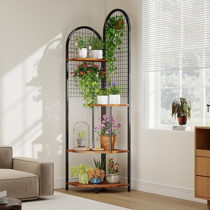 4-Tier Plant Stand with Grow Lights, 63in Tall Corner Shelf for Indoor Plant, 3-Color Adjustable Full-Spectrum Light, Multifunctional Flower Display Rack for Living Room, Patio, Hallway, Black