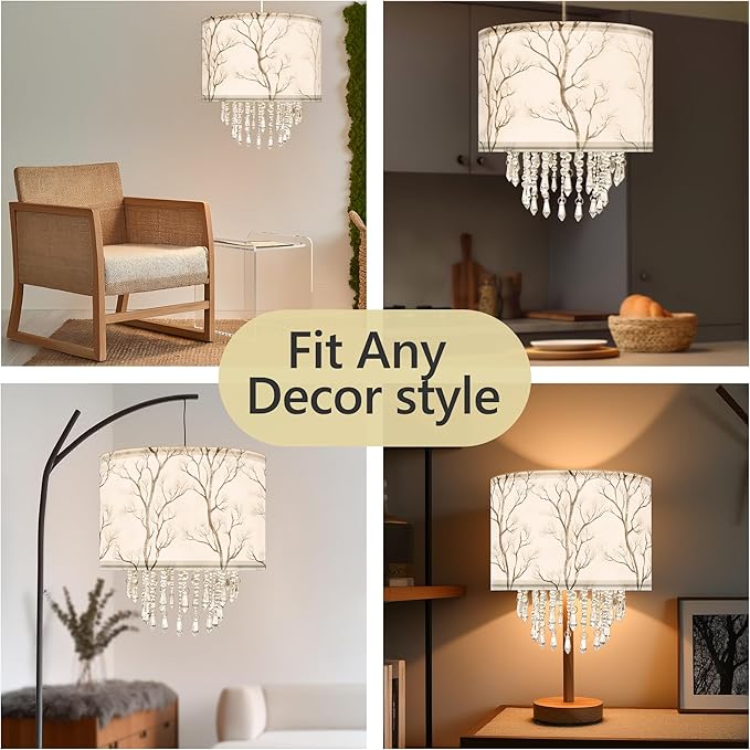 Star Vision Tree Branch Drum Fabric Lampshade with Crystal Bead Droplets, Minimalist Botanical Shade for Pendant Table Wall & Floor Lamps, Nature Home Decor