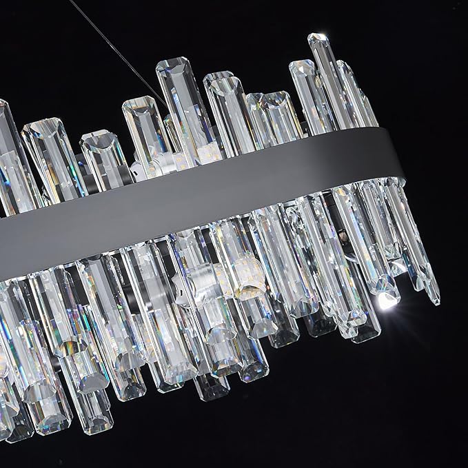 Rectangle Crystal Chandeliers, L43.4 inch 20-Light Black Chandelier Lighting Fixture, Height Adjustable Oval Pendant Ceiling Light for Dining Room Over Table Kitchen Island