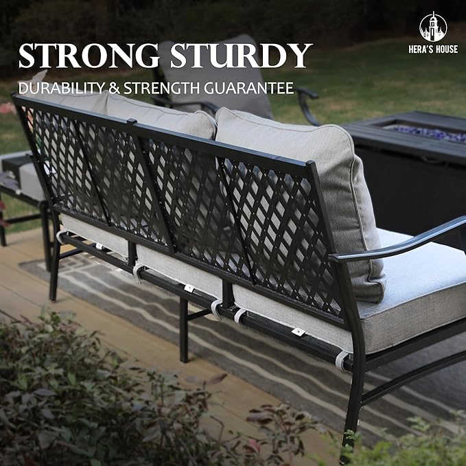 HERA'S HOUSE 4 Piece Patio Furniture Set, 2 x Rocking Metal Frame Cushioned Chair, 3-Seat Sofa with Marbling Coffee Table, All Weather Outdoor Conversation Set for Lawn Garden Backyard, Grey