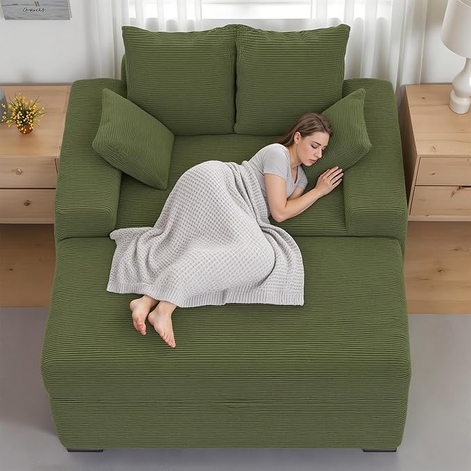 Indoor Chaise Lounge Chair with Storage Ottoman, Modern 60-Inch Lounge Sofa Chair with Wide Armrests & 4 Pillows, Oversized Comfy Reading Lounger for Living Room, Bedroom(Medium-Rib Corduroy Green)