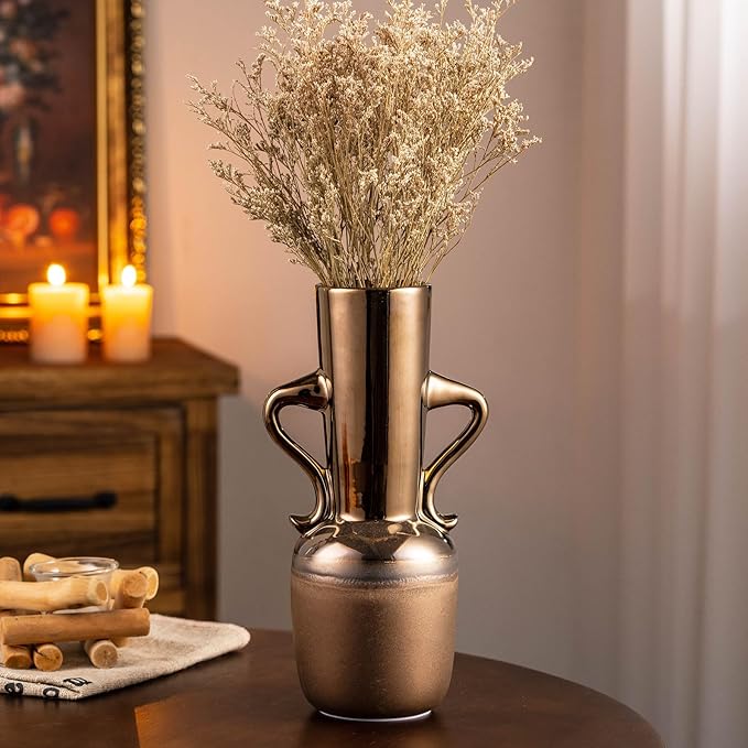Gold Ceramic Vase with Handles, Brown Rustic Farmhouse Vintage Flower Vases Home Decor, Modern Amber Tall Centerpiece Floral Large Vases for Living Room, Bedroom, Office Metal Glaze Finish 11 Inch