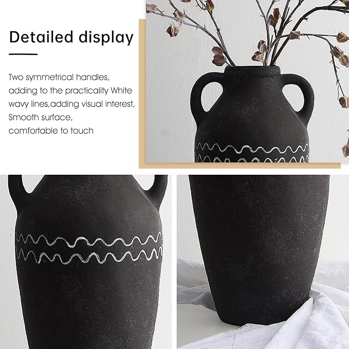 Large Black Ceramic Vase, 14.5" H Farmhouse Rustic Decorative Vase Table Centerpiece, Pottery Terracotta Tall Vases Living Room Bathroom Weddings Decorations
