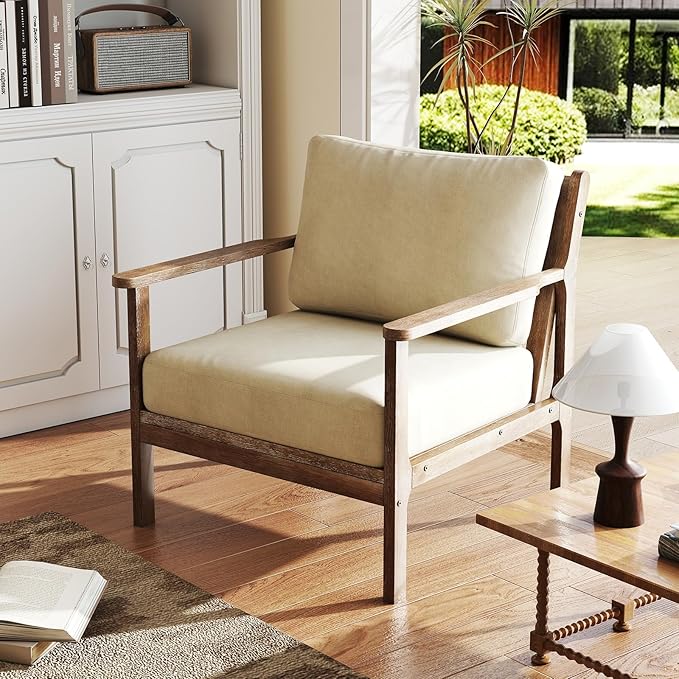 Giantex Mid Century Modern Accent Chair, Wooden Arm Chair w/Solid Wood Frame, Removable Seat Cushion & Pillow, Vintage Comfy Reading Chair for Living Room, Bedroom, Study