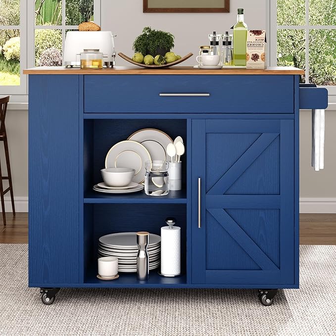 4 EVER WINNER Kitchen Island with Storage, Kitchen cart with Spice Rack & Towel Rack, Cabinet & Drawer, Small Kitchen Island with Open Shelves, Blue