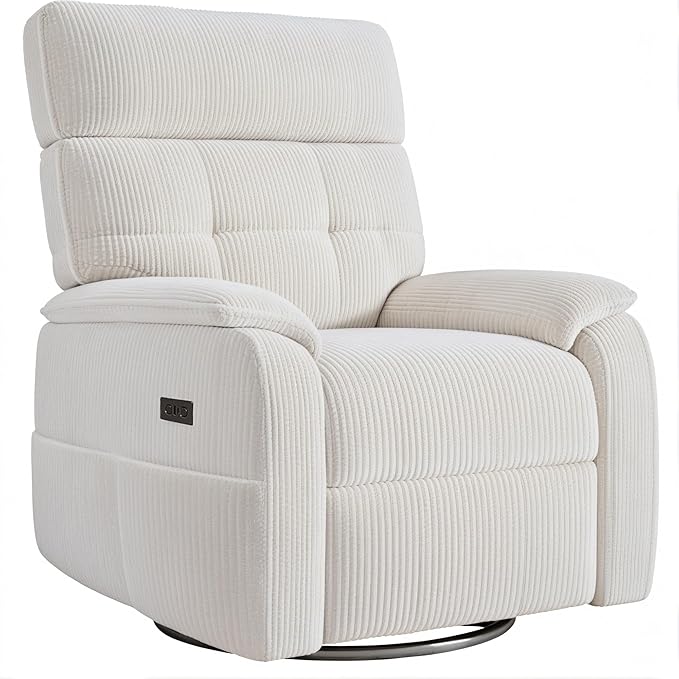 Overized Power Swivel Rocker Recliner Chair,Comfy Corduroy Sofa Reclining for Adults,Adjustable Rocker Reclining Sofa Lounge with USB&Type-C Ports,Side Pocket, for Living Room,White