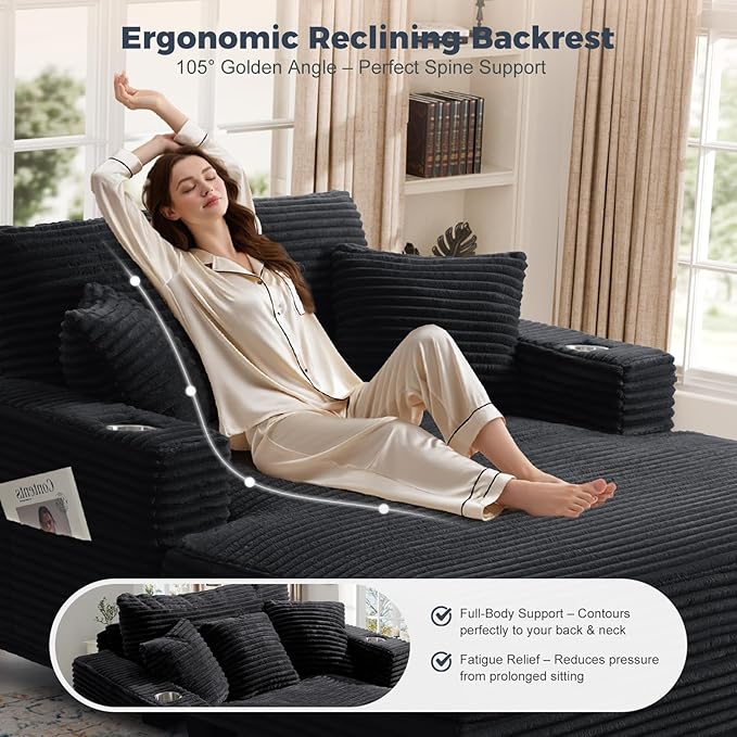 HUSFU 60'' Oversized Chaise Lounge Chair, Upholstered Sofa Bed, Sleeper Couch Reading Chairs with USB Port and Cup Holders,Comfy Cloud Sofas Couches for Living Room,Black
