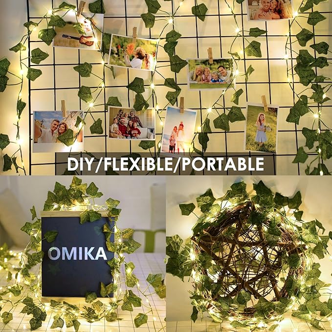 OMIKA Vine with Fairy Lights Plug in, 66FT 200 LED Ivy String Lights Connectable with Remote, Leaf Light Waterproof for Bedroom, Room, Wall, Garden, Party, Wedding Decor (Warm White)
