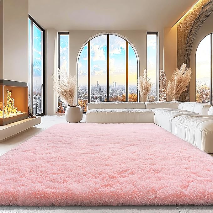 9x12 Area Rugs for Living Room, Pink Fluffy Shaggy Rug Soft Carpets, Big Rugs for Bedroom Nursery Kids Room Dorm Home Decor Aesthetic