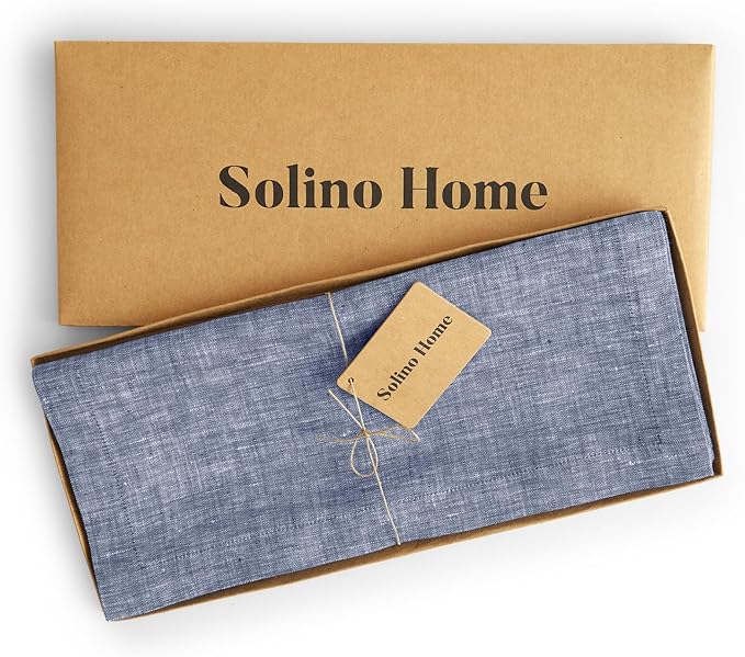 Solino Home Linen Small Table Runner 36 Inches - Athena, 100% Pure Linen Chambray Indigo Table Runner 14 x 36 Inch Ideal for Dresser and Coffee Tables - Christmas, Holiday